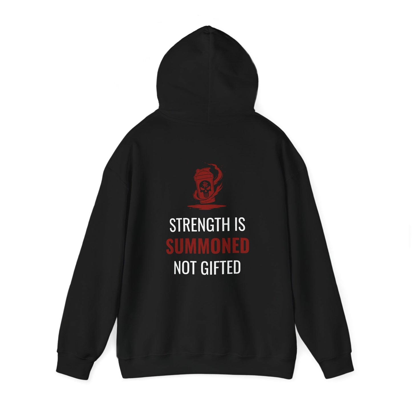 Black Initiate Hoodie with hood up—back print displaying Ritual oath vertically along spine.