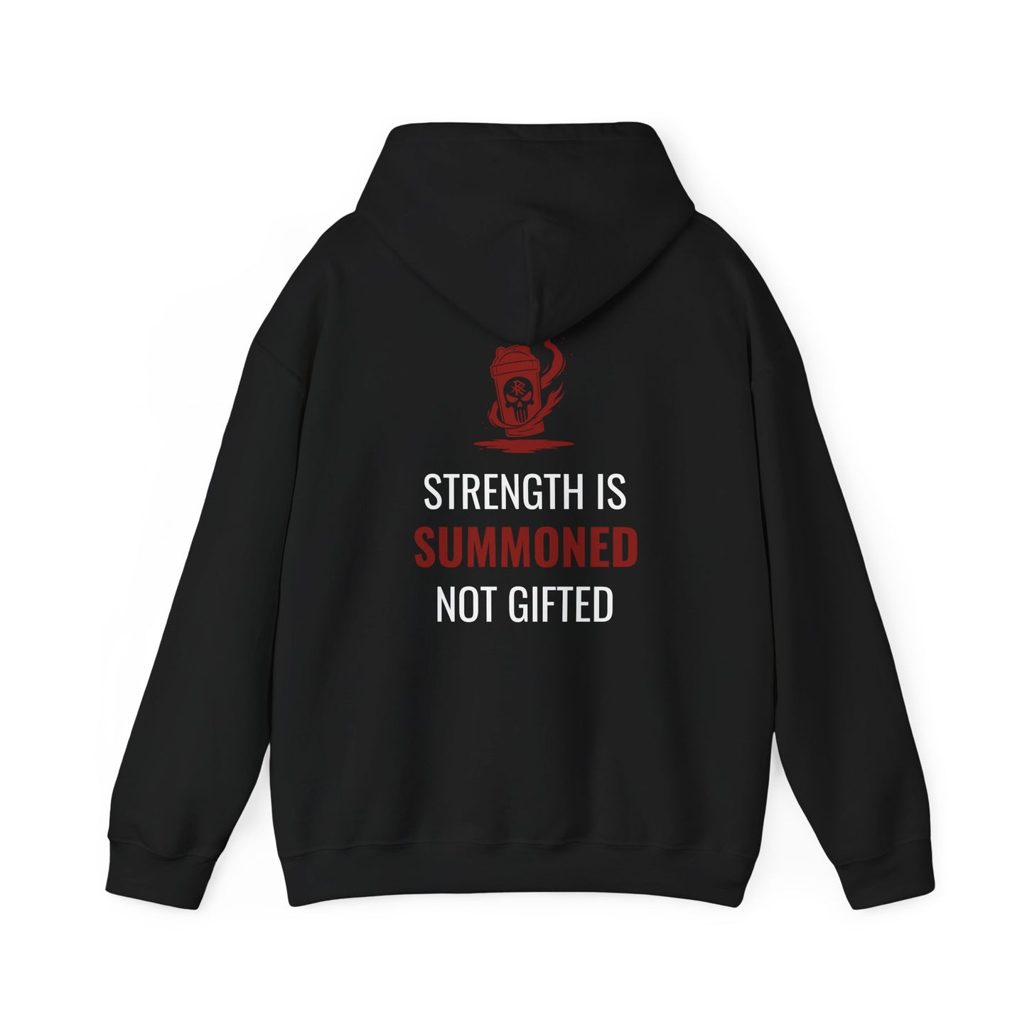 Back view of black Initiate Hoodie—spine print reads “Strength is Summoned, Not Gifted” in red and white.