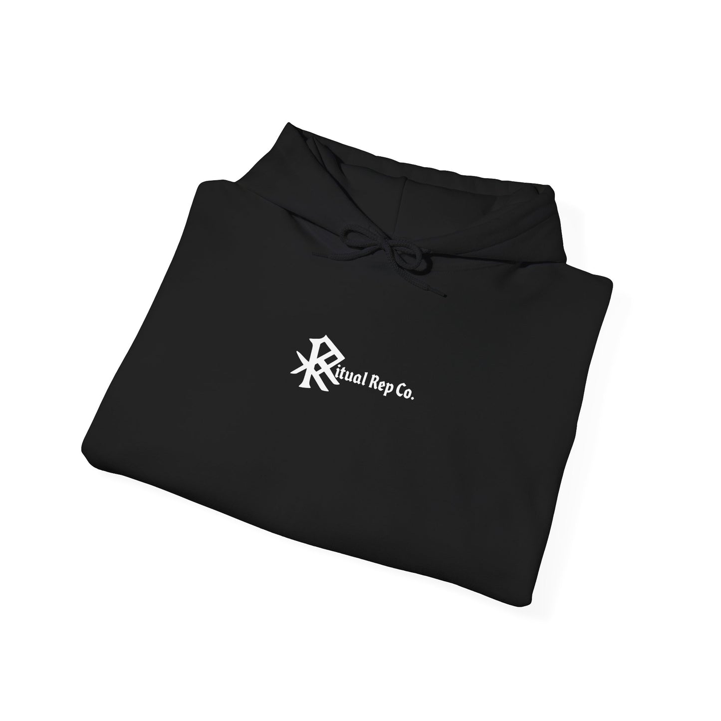Folded black Initiate Hoodie with white Ritual emblem visible at chest position.