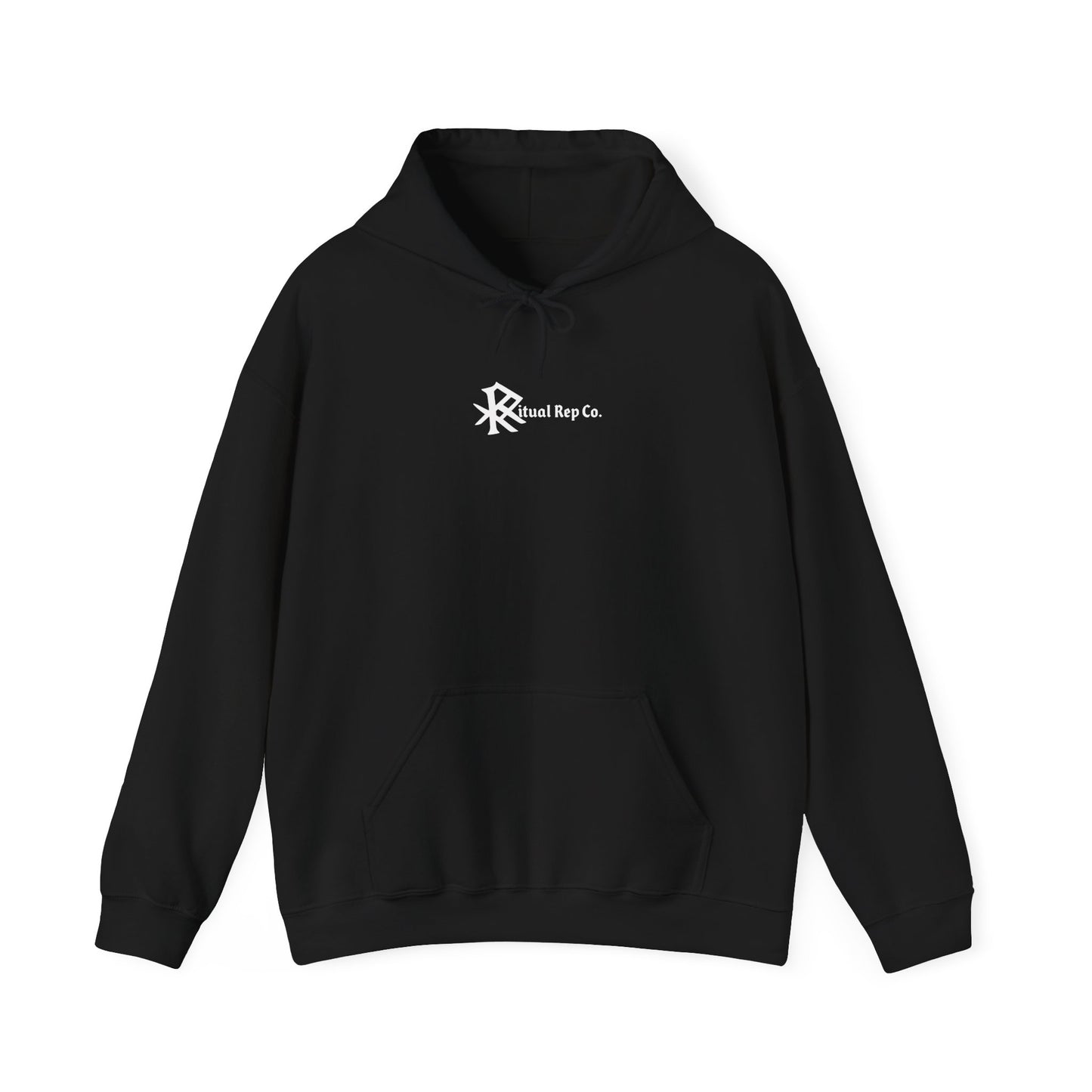 Flat lay of black Initiate Hoodie with white Ritual emblem over heart.
