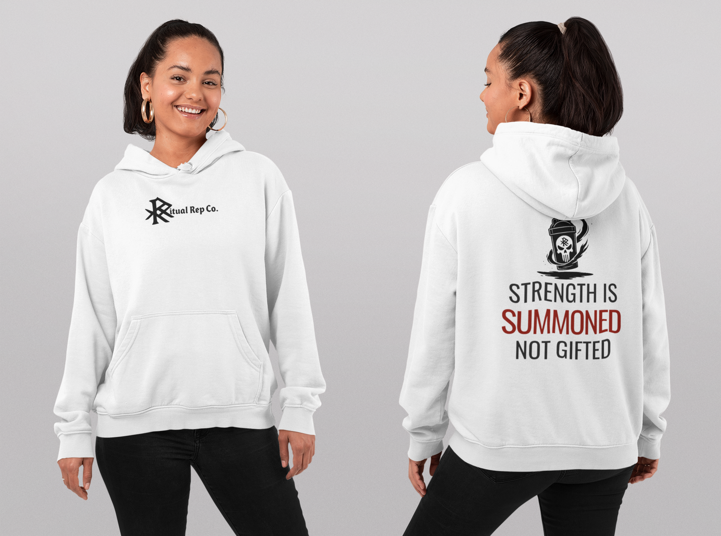Single model wearing white Initiate Hoodie shown in two poses—front view and back view, showcasing emblem and spine oath.