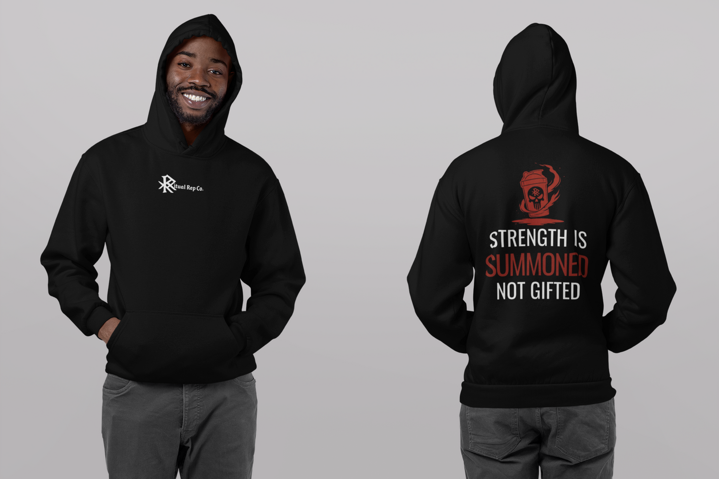Side-by-side view of models in black and white Initiate Hoodies—oath print visible on backs.