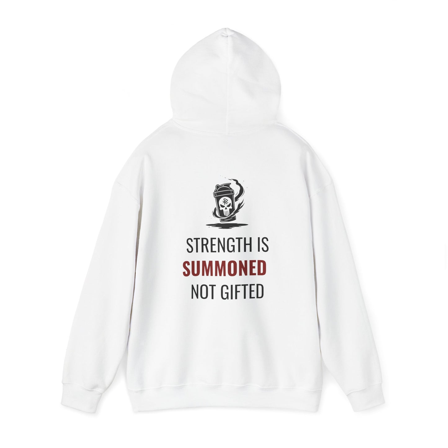 White Initiate Hoodie with hood up—back print showing full oath and emblem.