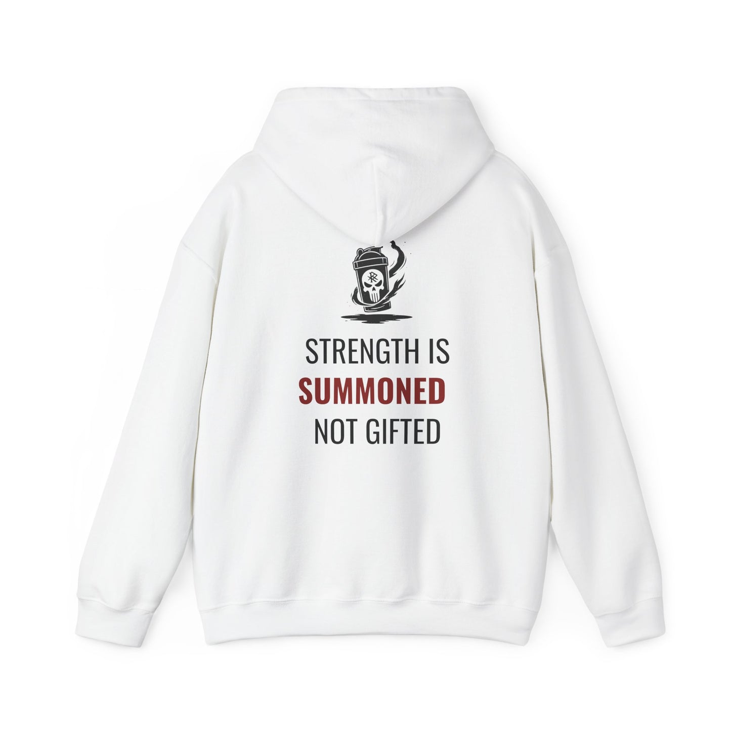 Back view of white Initiate Hoodie—oath printed along spine in black and red with Ritual emblem above.