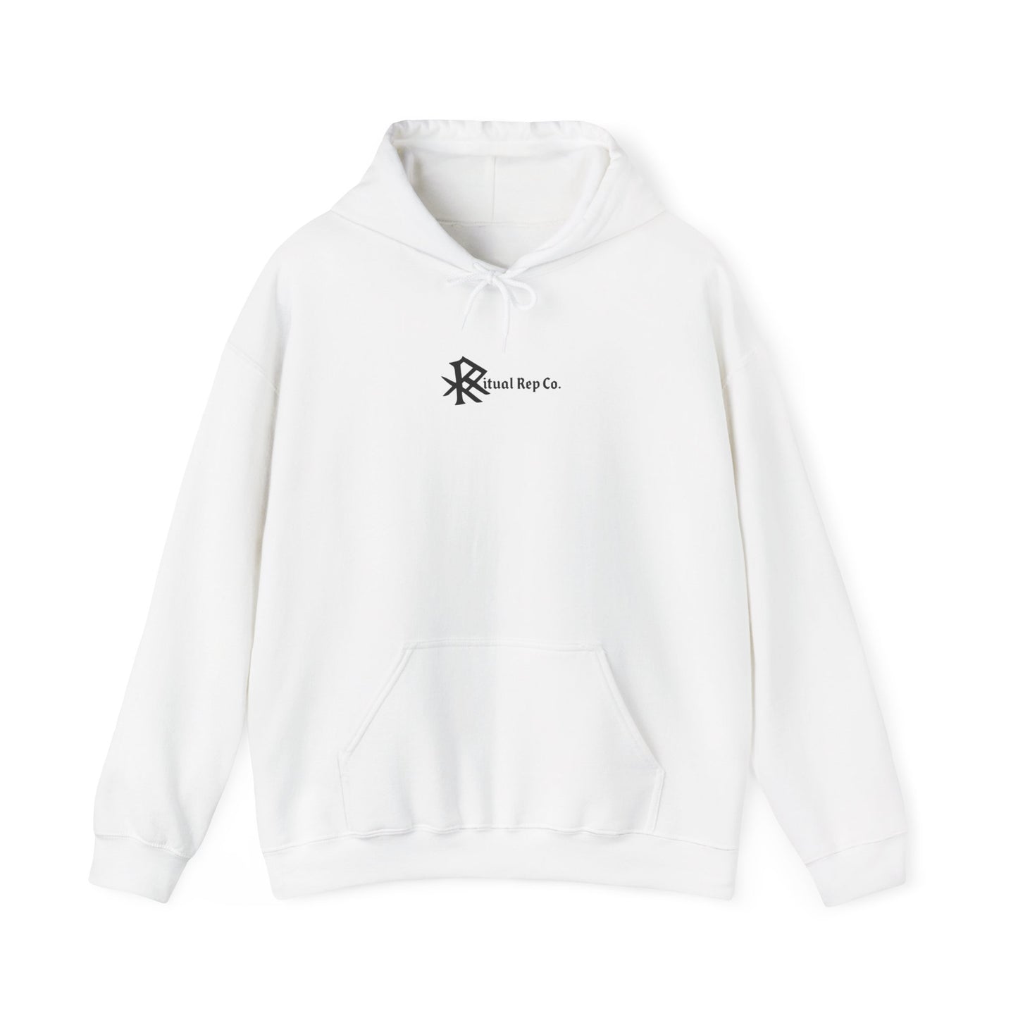 Flat lay of white Initiate Hoodie with black Ritual emblem over heart