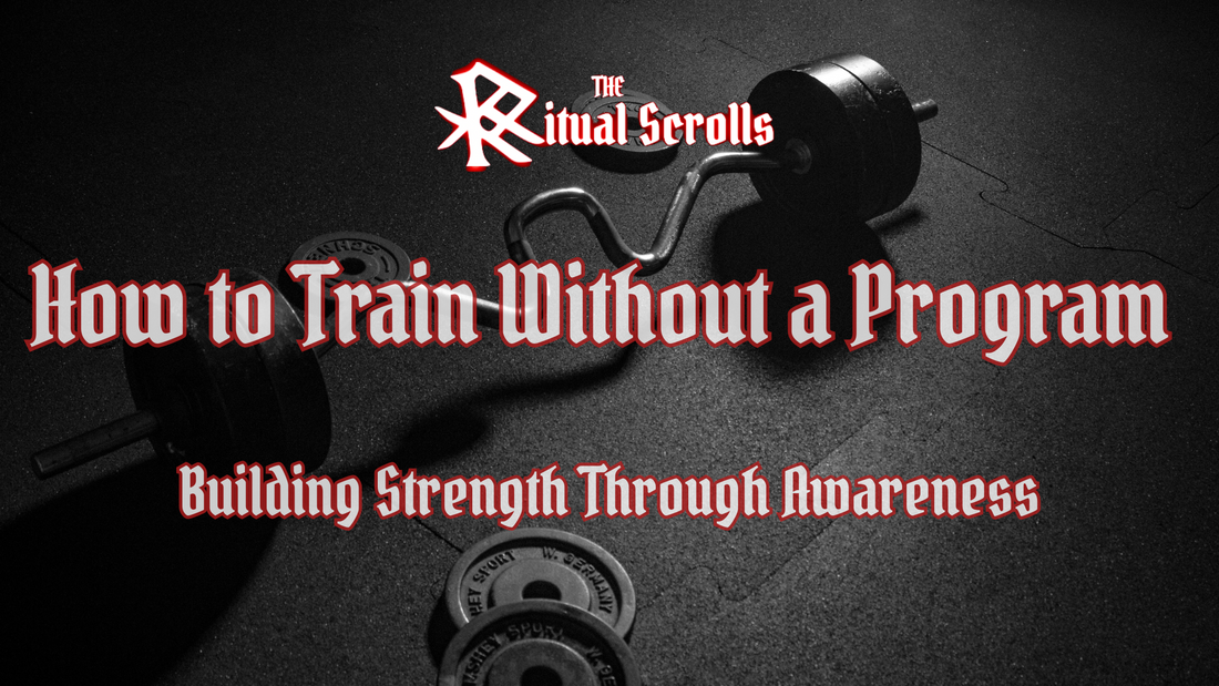Barbell resting on gym floor under dramatic light, representing strength through discipline — Ritual Scrolls.
