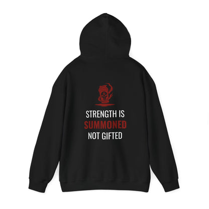 Black Initiate Hoodie with hood up—back print displaying Ritual oath vertically along spine.