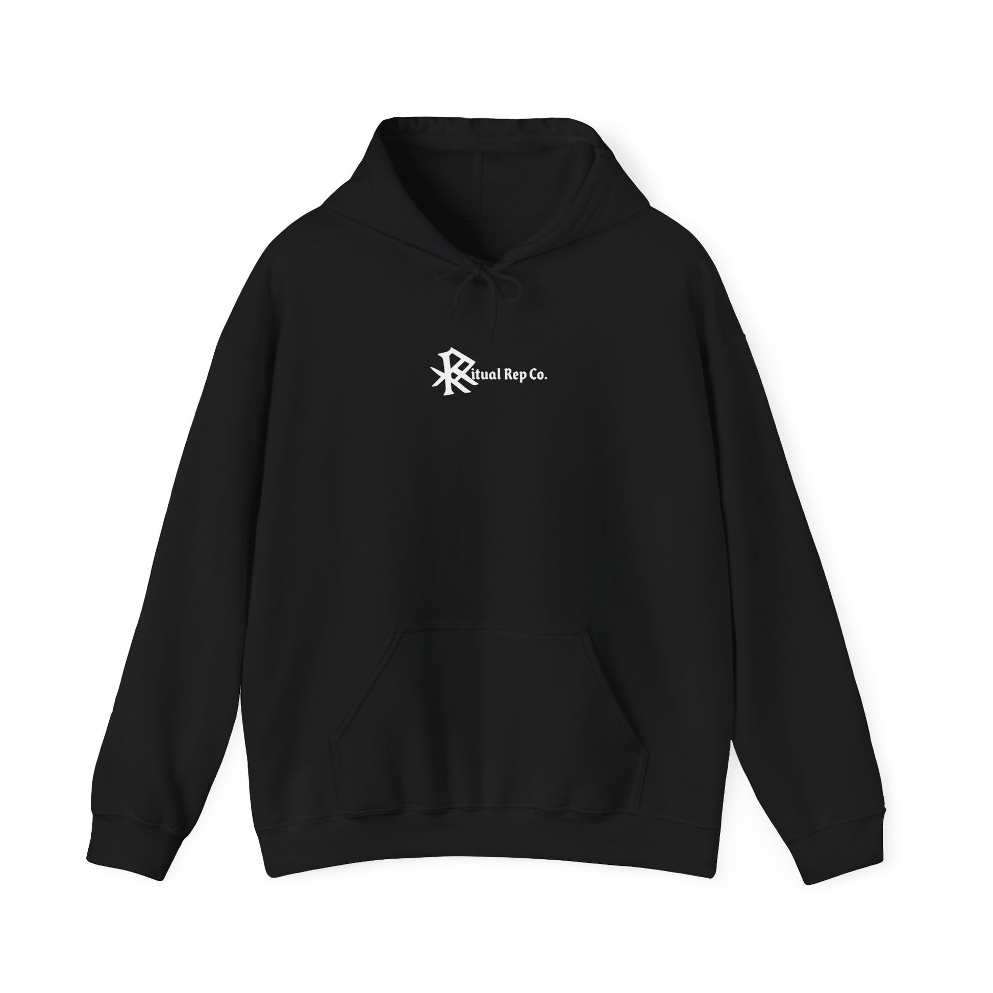 Flat lay of black Initiate Hoodie with white Ritual emblem over heart.
