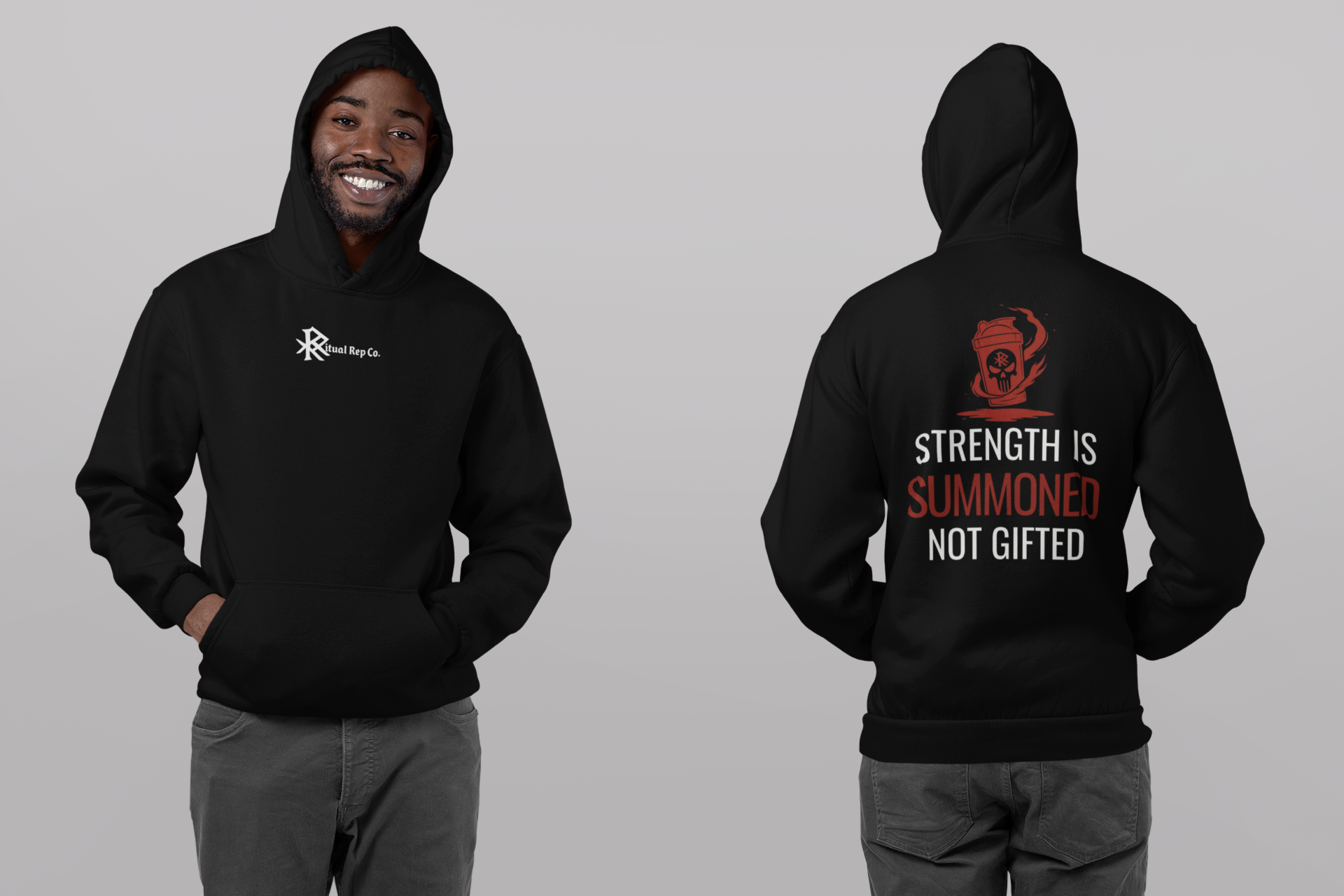 Side-by-side view of models in black and white Initiate Hoodies—oath print visible on backs.