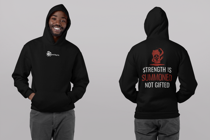 Side-by-side view of models in black and white Initiate Hoodies—oath print visible on backs.
