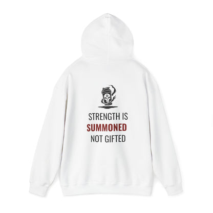 White Initiate Hoodie with hood up—back print showing full oath and emblem.
