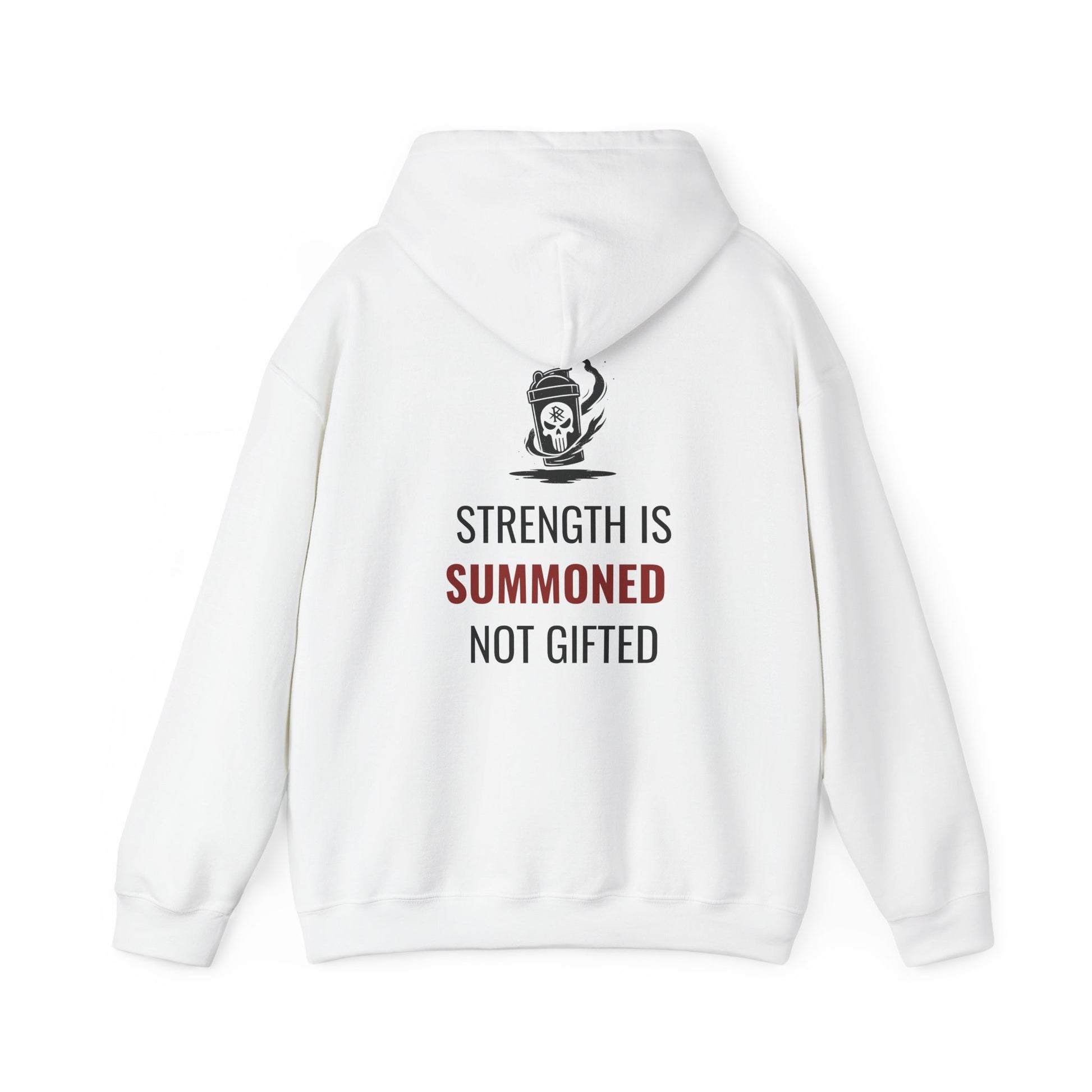 Back view of white Initiate Hoodie—oath printed along spine in black and red with Ritual emblem above.